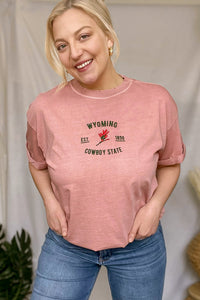 Embroidered Boyfriend Tee - The Cowboy State *Dusty Pink*