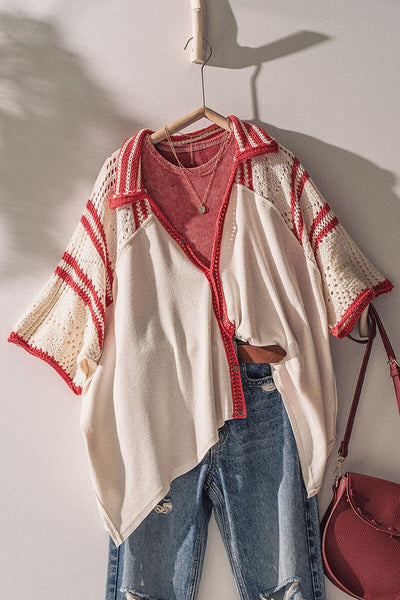 Red + white crochet top
Button front
Classic v-neck + collar
Distressing at hems
Side slits at bottom
Lower back hem
Oversized fit