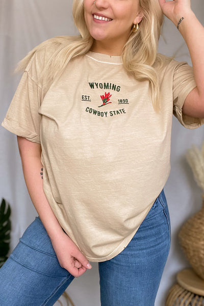 Embroidered Boyfriend Tee - The Cowboy State in Sand *2 LEFT*