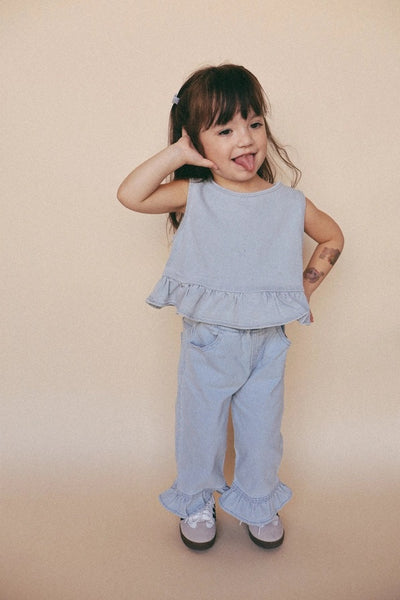 Denim Flare Ruffle Pants