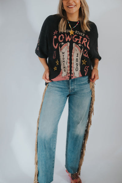 black graphic t-shirt with 'Powder River Cowgirl Club' text and a wyoming-themed print