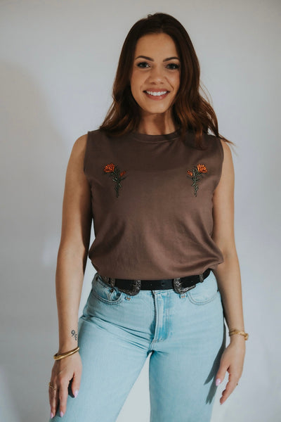 Women's embroidered indian paintbrush tank on RUBY WYLD model 