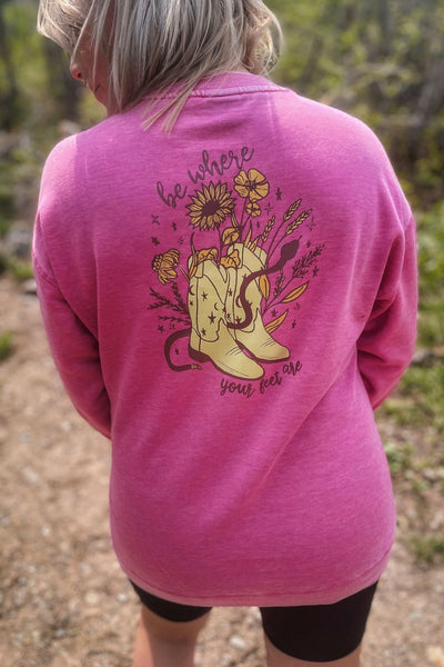 Be where your feet are bubblegum crewneck. cowgirl boot, snake + wildflower