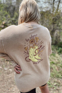 Be where your feet are latte corded crewneck. cowgirl boot, snake + wildflower
