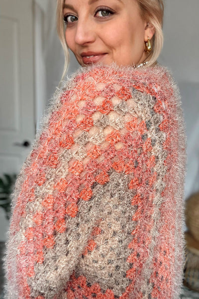 The most gorg hand crocheted chunky knit cardigan. The most stunning color combo. Oversized fit. Acrylic/nylon blend — SO SOFT. Handmade with love in Casper, WY