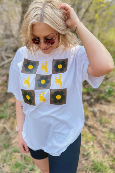  University of Wyoming. Bucking horse + floral checkerboard band tee.