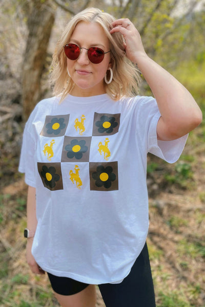  University of Wyoming. Bucking horse + floral checkerboard band tee.