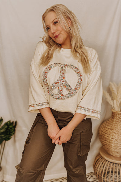 peace sign floral terry knit pullover