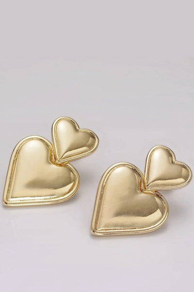 Double heart drop stud gold earrings 