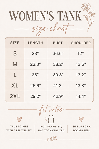 RUBY WYLD women's tank top size chart 