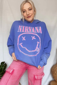 Daydreamer Nirvana Smiley Oversized Hoodie - Sun Faded Cobalt
