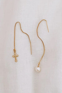 Cross and pearl threader earrings 