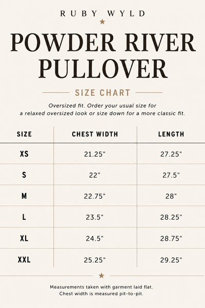 Size chart for Ruby Wyld Powder River Pullover with measurements in inches.