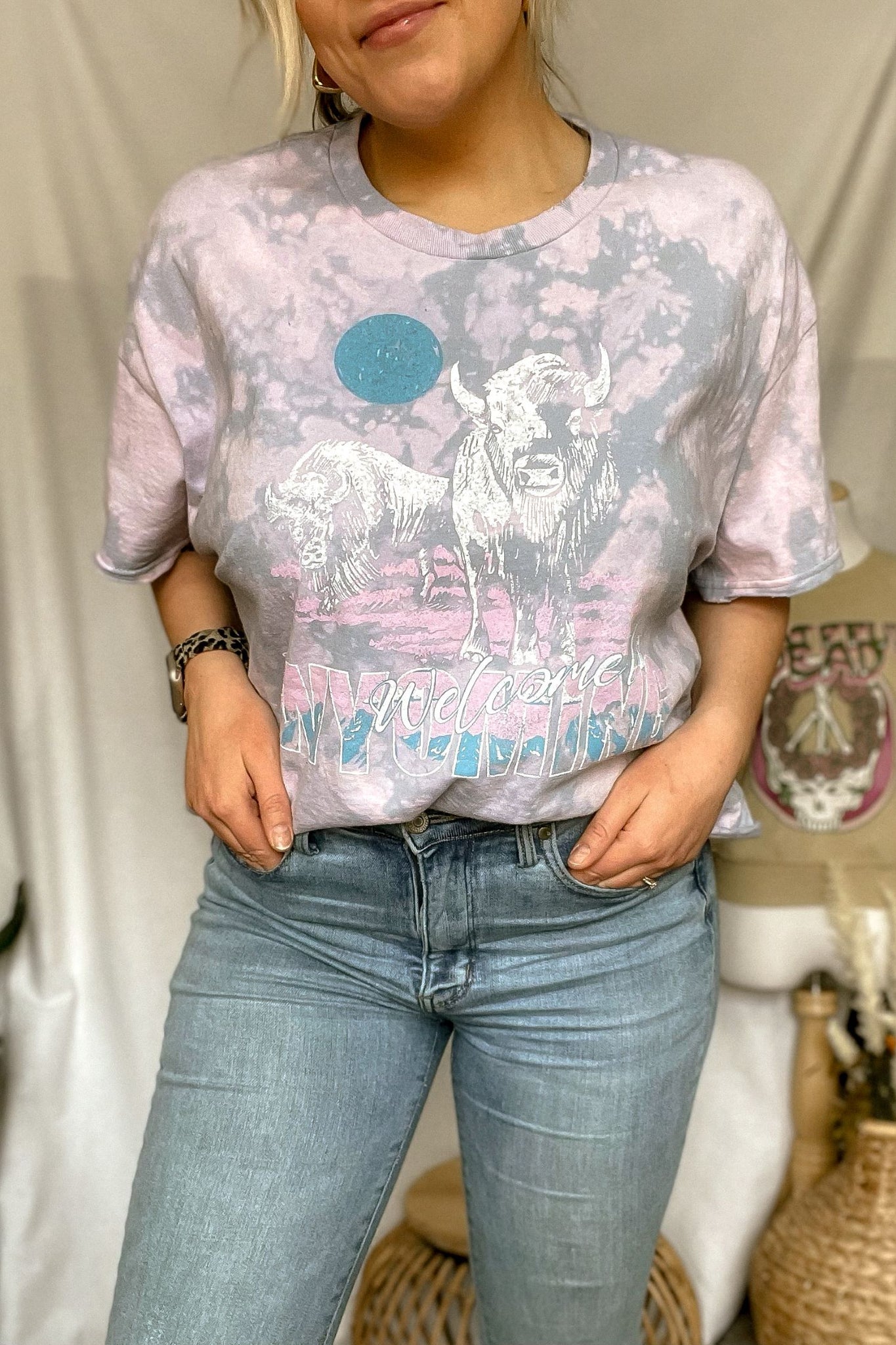 Welcome to Wyoming Thrifted Tee *Dusty Blue Acid Wash*