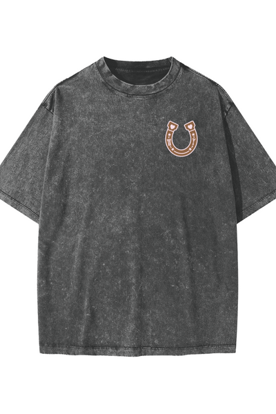 Black washed t-shirt with a pink and brown WY horseshoe logo 