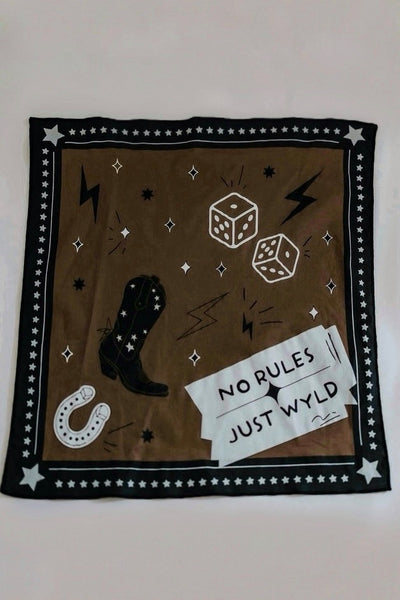 Brown and black bandana with dice, boot, horseshoe, and 'No Rules Just Wyld' text on a white background