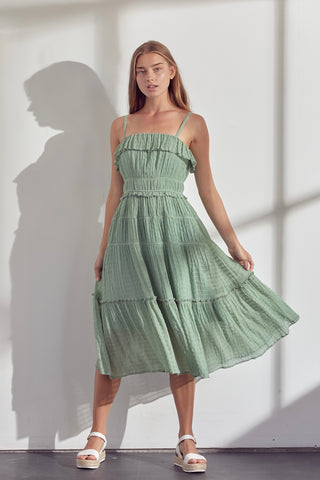 Prettiest midi dress ever Gorge dusty sage color Covered elastic at top hem + waist Slim adjustable shoulder straps Smocked bodice Tiered silhouette with ruffles Stripe lined fabric