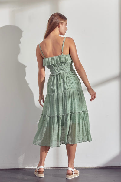 Prettiest midi dress ever Gorge dusty sage color Covered elastic at top hem + waist Slim adjustable shoulder straps Smocked bodice Tiered silhouette with ruffles Stripe lined fabric