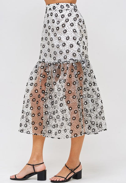 Sheer mesh midi skirt. Floral pattern. Black and white.