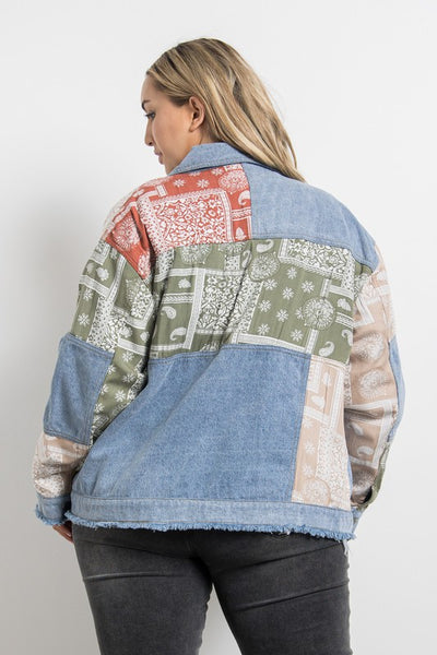 light denim rinse jacket with distressed details. bandana patchwork. perfectly oversized.