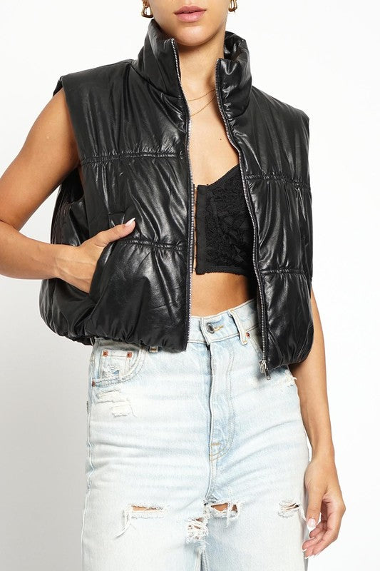 Faux Leather Cropped Puffer Vest