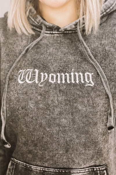 Wyoming Old English Embroidered Hoodie. Mineral Wash.