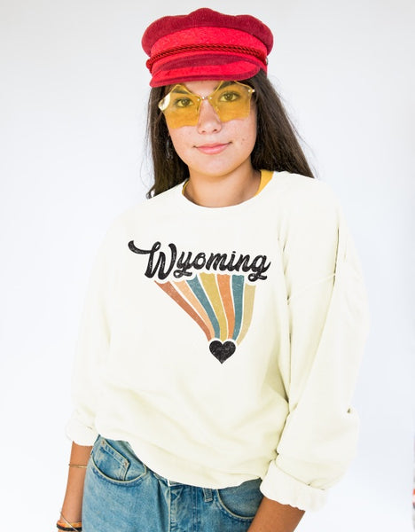 mommy and me. twin with your mini. retro Wyoming crewneck with tornado rainbow graphic 